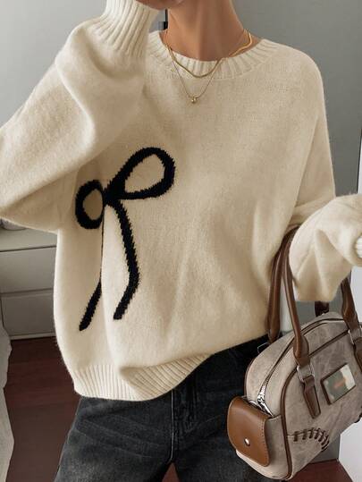 DAZY 女士奶油白色蝴蝶结针织毛衣，宽松复古风，秋冬