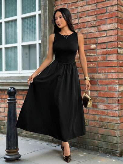 SHEIN PETITE Women's Long Casual Vacation Sleeveless Solid Black Dress, Relaxed Fit, Suitable For Back To School, Vintage Style, Teacher's Day, Petite Version, Winter Clothes For Women,Thanksgiving Outfit For Women, Black Dress,Luxury Evening Dress For Women,Casual Outfit For Women,Elegant Dresses For Ladies