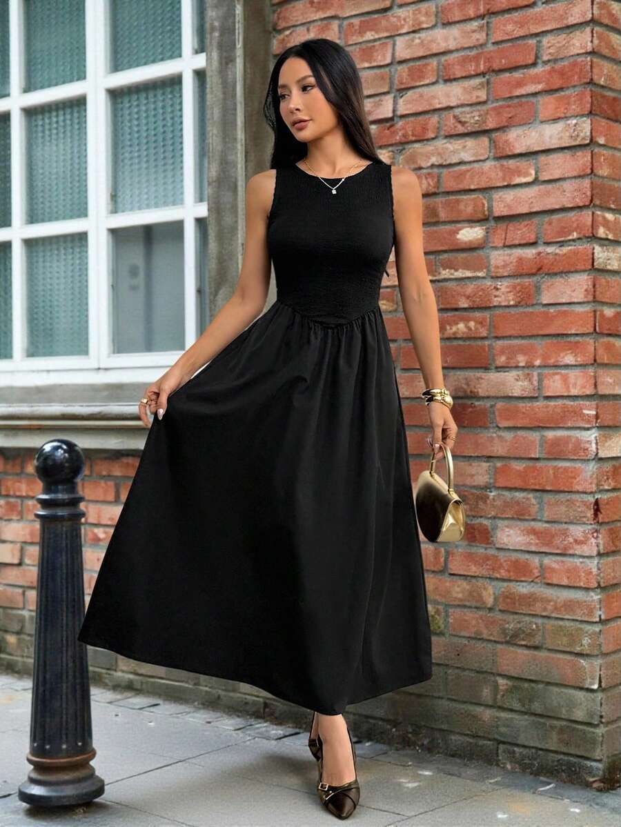 SHEIN PETITE 女士长款休闲度假无袖纯黑色连衣裙，宽松版型，适合返校、复古风格、教师节、小码版型 - 黑色 - 查看 1