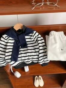 SHEIN 3pcs/Set Unisex Baby Casual Black & White Striped Long Sleeve Top, Pants And Shawl Set, Autumn/Winter Baby Clothes - Multicolor - View 7