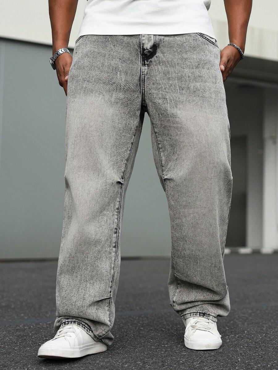 Manfinity Homme 大码男士休闲宽松街头牛仔裤 - 灰色 - 查看 1