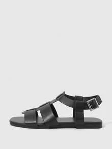 多功能单扣平底凉鞋，非软底沙滩拖鞋 - 黑色 - 查看 2