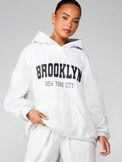 MISSGUIDED Sudadera con capucha de Brooklyn, Nueva York, sudadera informal jaspeada, ropa de estar en casa cómoda