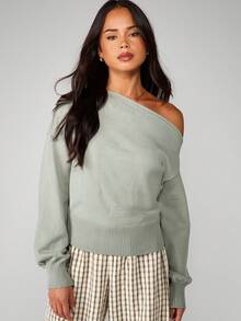 MISSGUIDED Suéter de punto con hombros descubiertos, dobladillo acanalado y mangas largas, jersey de invierno para otoño e invierno, Navidad - Verde - Ver 4
