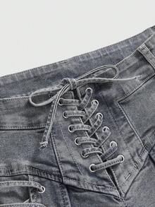 ROMWE Grunge Punk Quần short denim buộc dây thời trang gợi cảm dành cho nữ - Màu xanh lam - Xem 3