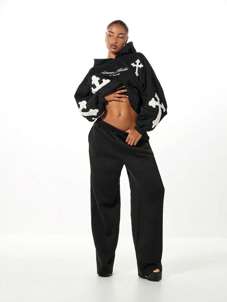 SUMWON WOMEN Pantalon de survêtement ample à jambe large et imprimé croisé