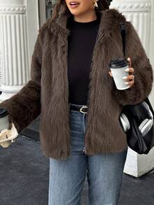 Easura Plus Size Women Solid Color Long Sleeve Zipper Front Casual Faux Fur Hooded Jacket, Autumn/Winter - Coffee Brown - View 3
