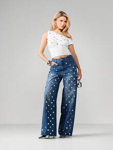 MISSGUIDED Wide Leg Studded Denim Jeans With Metal Studs And Polka Dot Details For Festival Style - Blue - View 4