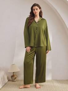 Ocili Bộ đồ ngủ dài tay rộng rãi bằng vải satin mềm mại thoải mái và quần dài, cỡ lớn, trang phục thu đông, trang phục ấm áp - xanh quân đội - Xem 7