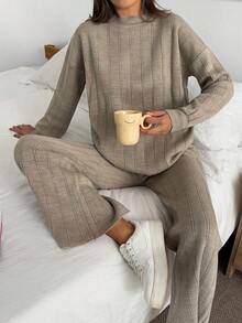 EURMUSE Muted Taupe Textured Knit Co-Ord With Drop-Shoulder Short Sleeve Top And Relaxed Fit Pants Featuring Subtle Vertical Ribbing - Mocha Brown - View 4