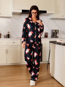 圣诞老人卡通印花长袖上衣和裤子睡衣套装，女士秋冬服装，圣诞节 - 黑色 - 查看 4