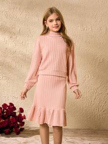 2pcs/Set Tween Girls Long Sleeve Top And Skirt Co-Ord Set