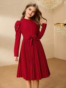 Vestido elegante con cuello de volantes, mangas abullonadas, cintura con cuentas y pliegues para niña preadolescente, para Halloween y Navidad, con cinturón - Rojo - Ver 4