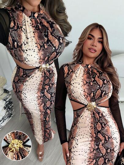 Xyvia 25+ Women's Stand Collar Mesh Long Sleeve Waist Cutout Bodycon Snake Print Twist Dress, Sexy & Elegant Party/Work Dress, Autumn
