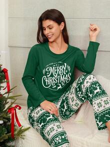 SHEIN Doze Lane 圣诞元素印花长袖上衣和裤子女士睡衣套装，圣诞节绿色睡衣套装，秋冬服装 - 墨綠色 - 查看 3