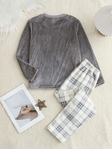 2 件男童柔软法兰绒格子西装，休闲宽松长袖上衣和裤子，舒适家居服，秋冬