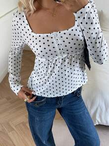 SHEIN EZwear 女式休闲白色波尔卡圆点方领长袖修身T恤，秋季 - 白色 - 查看 5