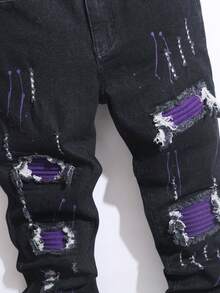 Manfinity Homme 男士修身破洞口袋休闲牛仔裤 男士破洞牛仔裤 街头潮流牛仔裤