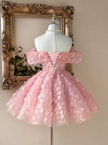 Lovelzi Elegant, Romantic, Dignified, Spring And Summer, Light Pink, Mesh, Three-Dimensional Flowers, Off The Shoulder, Back Cross Strap, Graduation Dress, Wedding, Concert Dress, Vacation Dress, Cute Summer, Prom Dress, Wedding Guest Dress, Party Dress,Graduation,Graduation Dresses For Women,Back To School Dress
