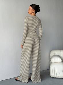 SHEIN Tall 2pcs Women Casual Striped Front Button Long Sleeve Top And Wide Leg Pants Set, Autumn - Multicolor - View 11