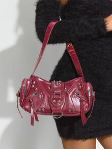 SHEIN ICON Quý cô, Túi đeo vai nữ, Túi Hobo, Thời trang, Cá nhân hóa, Đơn giản, Đa năng, Đường phố, Những cô gái ngọt ngào và sành điệu, Những cô gái nóng bỏng, Y2k, Đinh tán, Phong cách Biker, Punk, Đỏ - Màu Đỏ Sâu - Xem 2