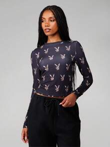 Missguided x Playboy Leopard Print Long Sleeve Crop Top With Crew Neck For Fall Winter Casual Wear - Multicolor - View 6