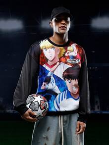 Captain Tsubasa X SHEIN 男士秋季休闲卡通图案落肩卫衣，冬季 - 黑色 - 查看 1