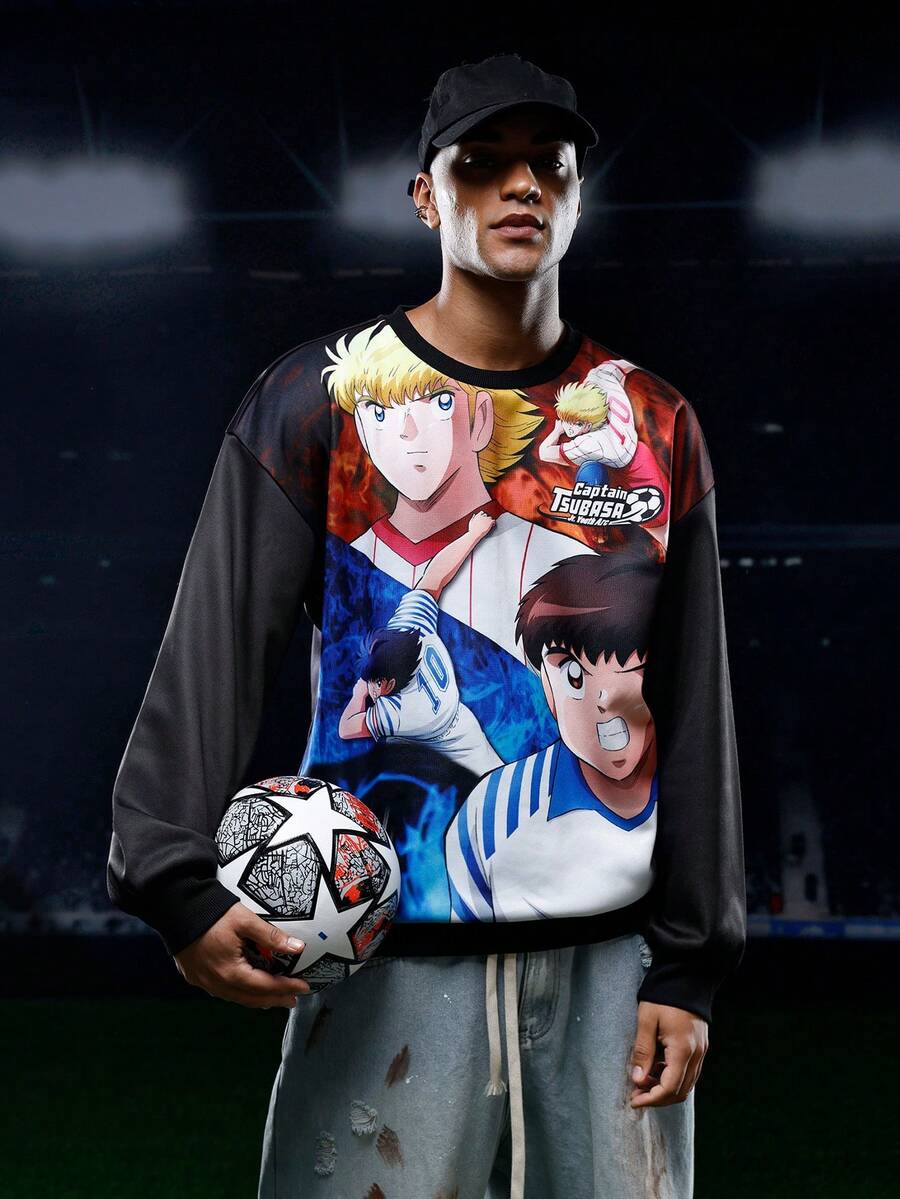 Captain Tsubasa X SHEIN 男士秋季休闲卡通图案落肩卫衣,冬季 - 黑色 - 查看 1
