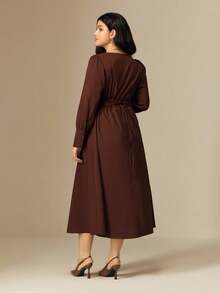 Juhart Plus Size Women's Elegant Commuter Brown Square Collar Single-Breasted Puff Sleeve Long Sleeve Fitted Slim Long Dress