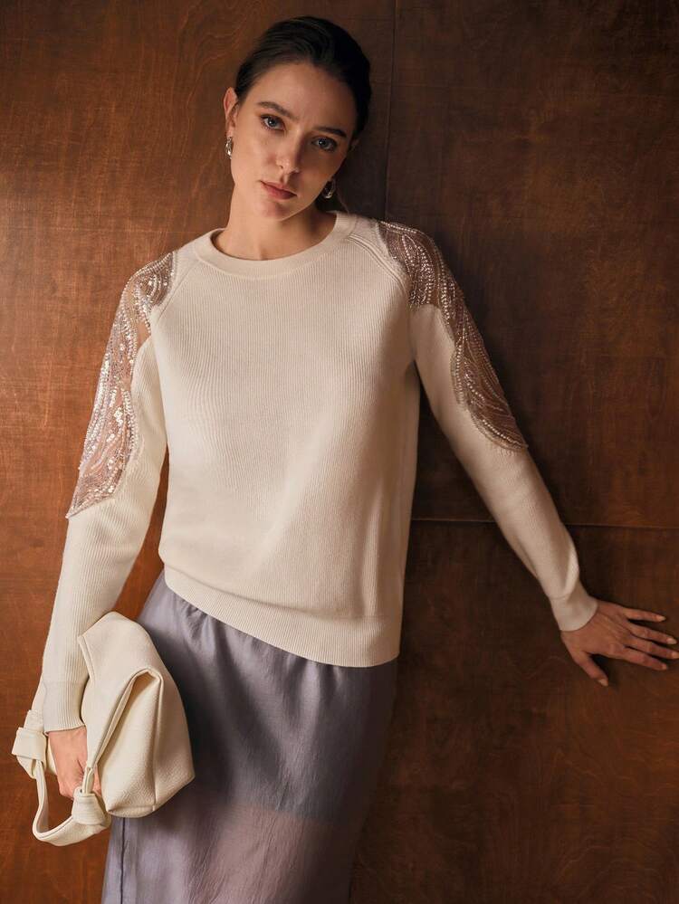 Beaded Round Neck Long Sleeve Elegant Knitted Sweater, Autumn/Winter