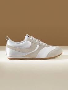 CUCCOO EASI 女士圆头拼布设计平底休闲运动鞋，舒适运动休闲 PU 皮革浅灰色运动鞋，适合日常室内外穿着 - 淺灰色 - 查看 3