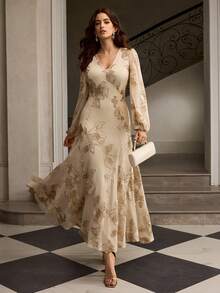 ZEYLAH Váy hoa hở lưng, cổ chữ V, nhún bèo, ôm sát, viền xòe, thu/đông - Màu be - Xem 7