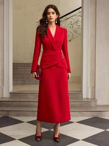 ZEYLAH Tailliert gerafftes Midi-Bodycon-Kleid, Herbst/Winter - Rot - Übersicht 4