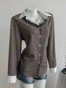 SHEIN Unity Áo len cardigan tay dài dáng rộng, họa tiết sọc tương phản mới dành cho nữ, phù hợp mặc đi làm, đi chơi và mặc hàng ngày, mùa xuân và thu - Nhiều màu - Xem 5