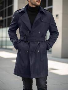 Manfinity Mode 男士街头风黑色纯色防戬面料双排扣翻领宽松长袖风衣，休闲百搭风衣，男友老公周年纪念礼物 - 藏蓝色 - 查看 3