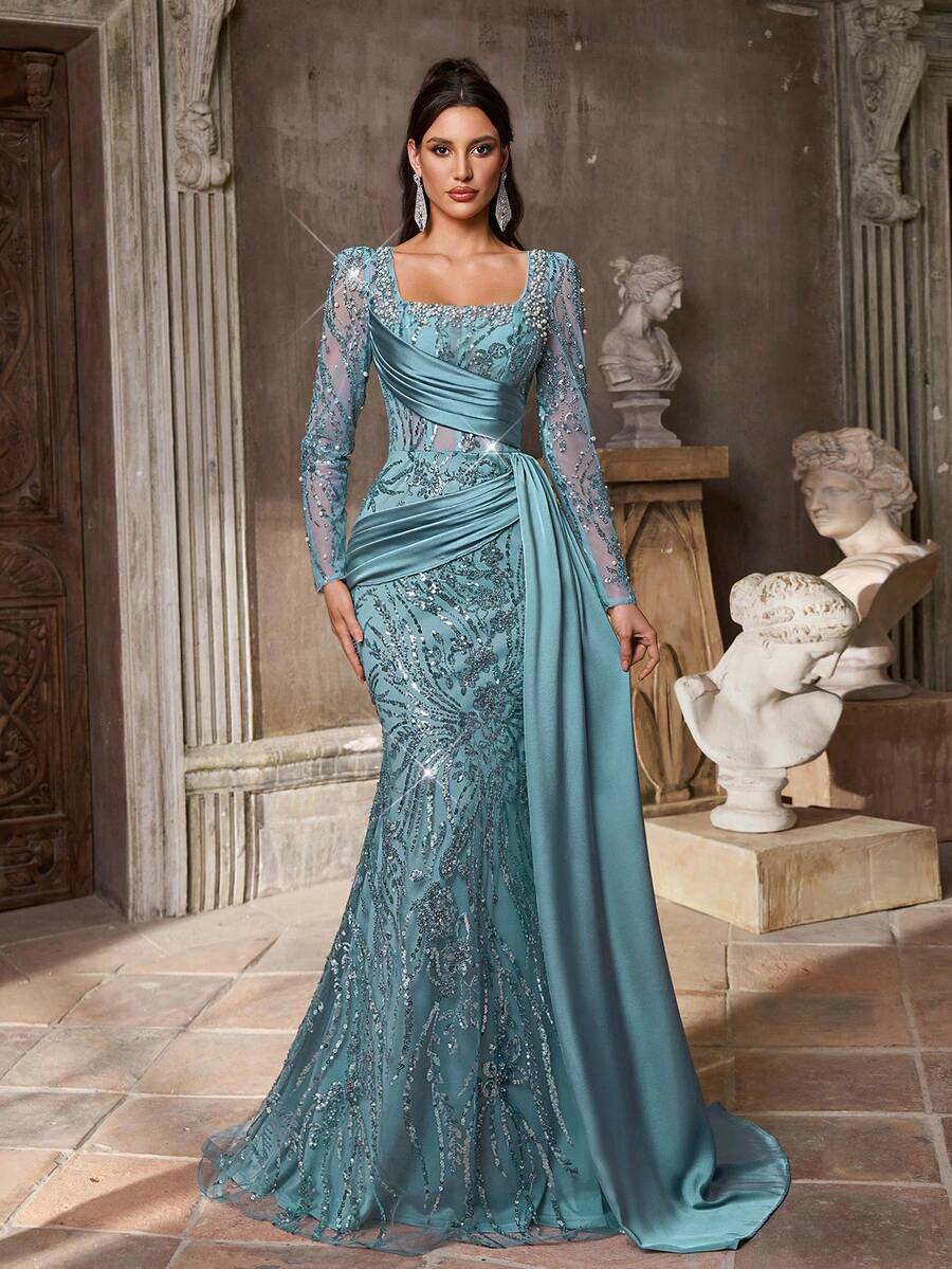 Váy dạ hội đuôi cá bằng vải satin mỏng, cổ vuông, tay dài, đính ngọc trai và sequin sang trọng, thanh lịch, phù hợp cho mọi dịp trang trọng, váy dạ hội