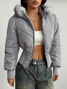 Coolane Women's Winter Streetwear Basic Coat With Flannelette Hat Fuzzy Warm/ Cold Weather/ Thermal Stretchy Tight Waist Black Fur Collar Hat Long Sleeve Padded Coat,Women's Winter Clothes - Grey - View 1