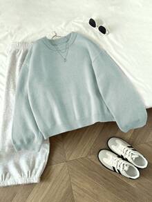 Elamini Women's Solid Color Crew Neck Long Sleeve Casual Pullover Sweater, Autumn/Winter - Light Grey - View 5