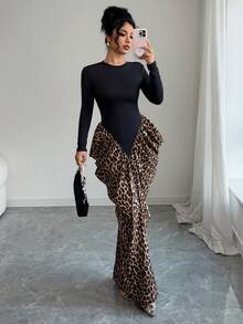 Elenzga 女士黑色针织面料拼布豹纹圆领褶饰腰部优雅连衣裙，适合生日礼物、约会、派对、正式场合、鸡尾酒会、音乐节、独立日、网络星期一、万圣节、单身节、返校派对、平安夜、感恩节、圣诞节、排灯节、秋季连衣裙 - 彩色 - 查看 3