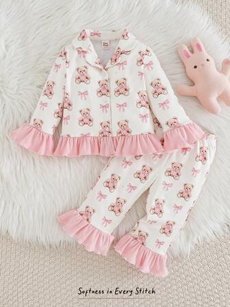 Cozy Pixies 2pcs Baby Girl Cartoon Bear Pattern Contrast Color Lapel Long Sleeve Cardigan Top And Elastic Waist Pants Set Cozy Pixies Baby Girl Set Baby 2 Piece Set Fancy Baby Girl Pajama Set Baby Girl Warm Sets Baby Girl Long Sleeve Set