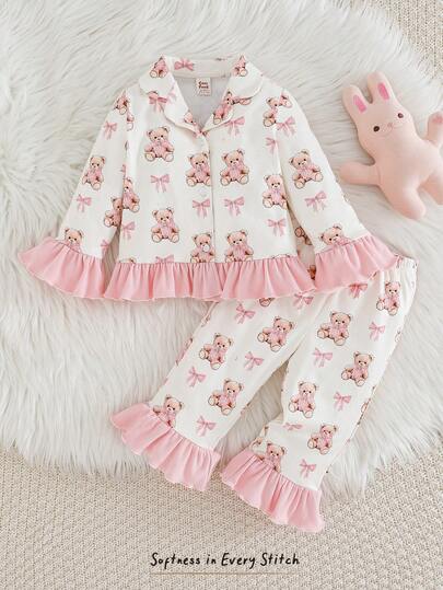 Cozy Pixies 2 st set med långärmad kofta för babyflicka med tecknad björnmönster i kontrastfärg och slag och byxor i resår i midjan