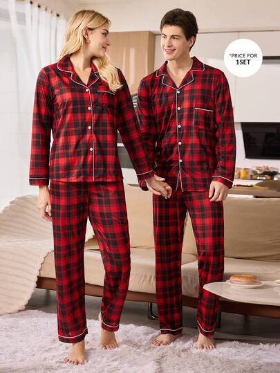 CoupledUp Men's Casual Lapel Collar Plaid Print Long Sleeve Pajama Set, Autumn/Winter Fall Clothes