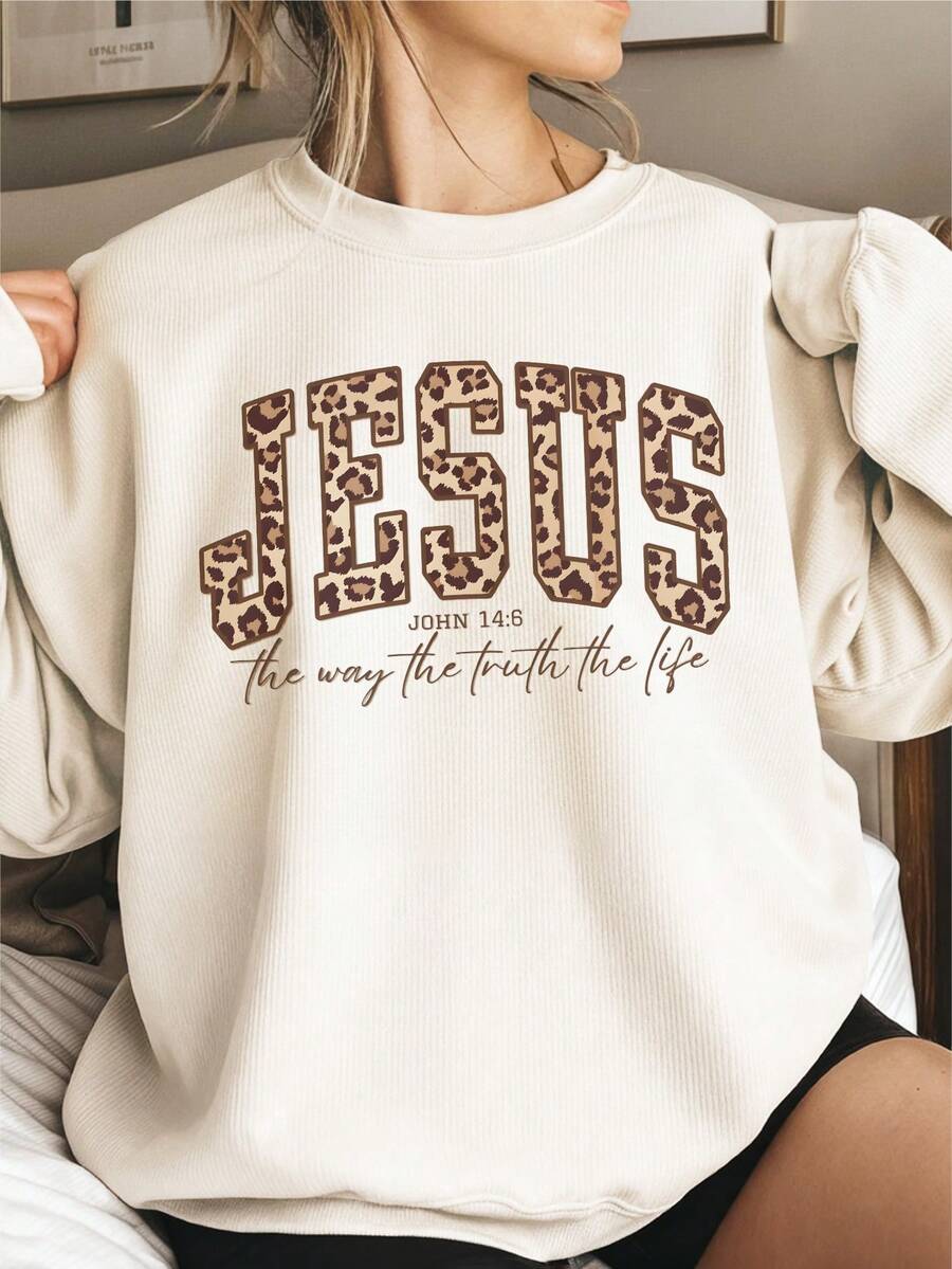 EMERY ROSE JESUS Letter & Leopard Print Minimalist Plus Size Women Plus Size Fleece Crew Neck Long Sleeve Sweatshirt, Gift For Friends, Autumn/Winter - Beige - View 1