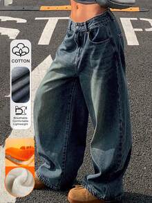 DAZY Vintage Loose Street-Style Washed Distressed Wide-Leg Women Jeans