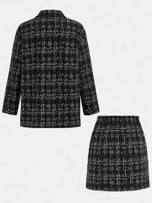 SHEIN Tween Girl Flap Pocket Tweed Jacket And Double-Breasted Mini Skirt Set - Black - View 3