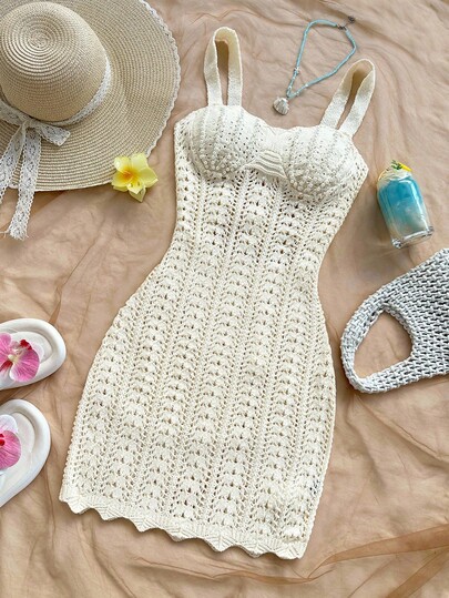 Soleia Plus Size Women's Holiday Knit Textured Fabric Ocean & Shell Print Mini Dress, Sexy Party Date Beach Vacation Summer Outfit, Suitable For Holiday, Date, Afternoon Tea, Wedding Season, Beach Cruise Vacation, City Road Trip Vacation, Boho Vacation, Music Festival