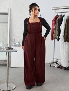 SHEIN EZwear 大码纯色简约日常灯芯绒连体裤 - 酒紅色 - 查看 2