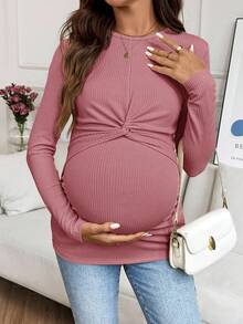 SHEIN 孕妇纯色圆领长袖扭腰设计休闲哺乳上衣 - 粉色 - 查看 3