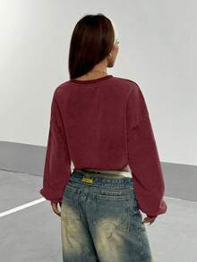 StreetHx Women's Solid Color Round Neck Loose Box-Shaped Cropped Washed Sweatshirt - Red - View 2