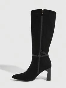 CUCCOO SZL 女士时尚高跟尖头黑色天鹅绒水钻装饰及膝靴 - 黑色 - 查看 5